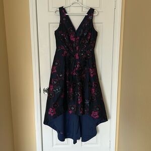 Navy High low cocktail midi floral dress